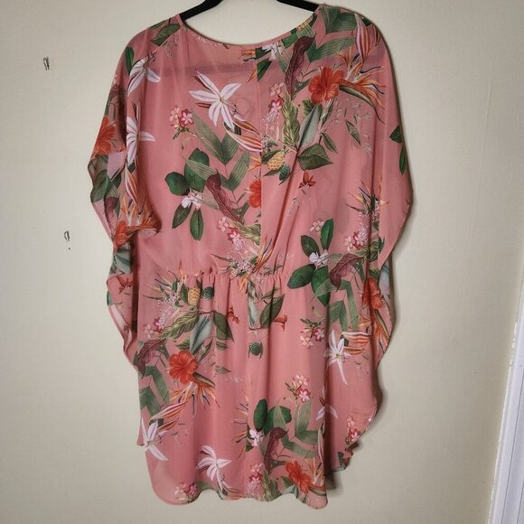 EXPRESS Tropical Mini Dress Sz S Coral Palm Kaftan Sheer Lined Vacation Resort - Picture 2 of 8